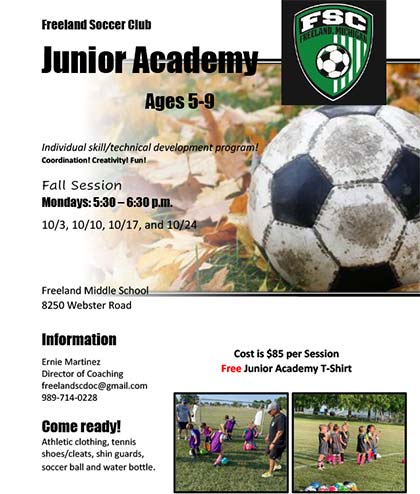 2022 Fall Freeland SC Junior Academy flyer